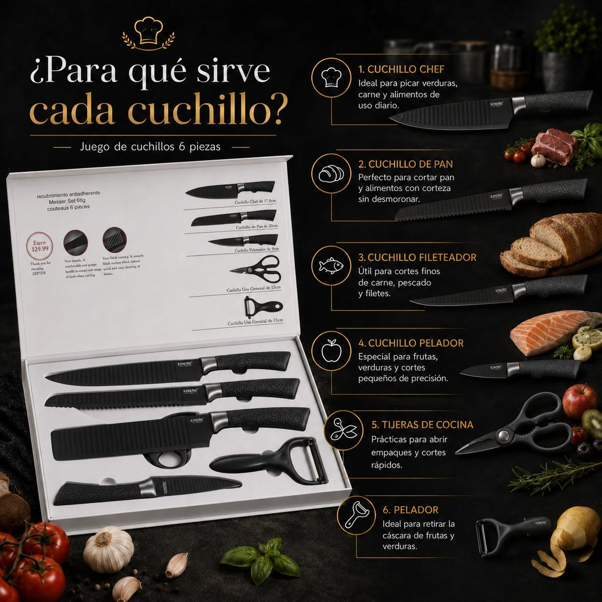 Juego De Cuchillos Profesional Antiadherentes X6 - En Acero Inoxidable